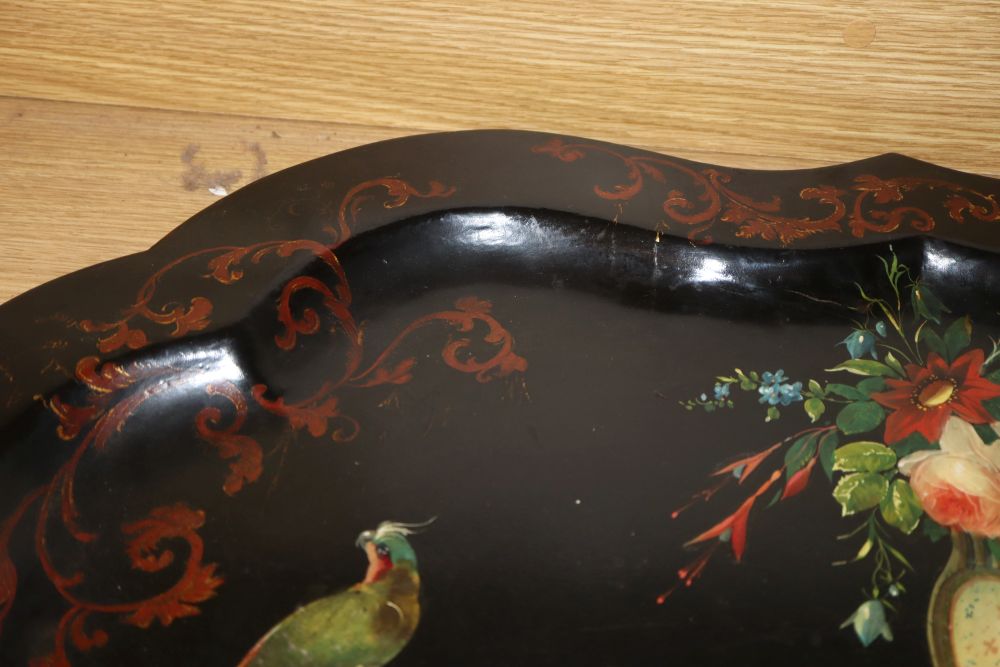 A Victorian painted papier mache tray, length 82cm